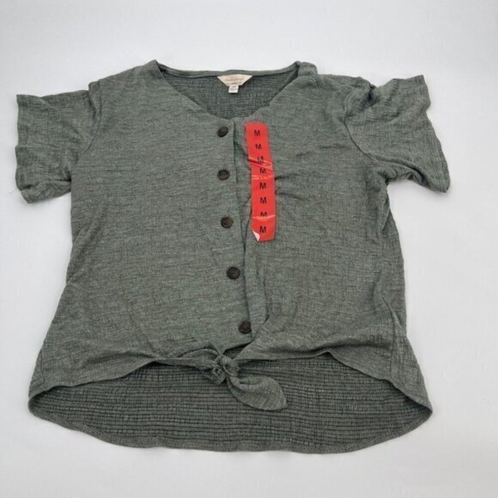 Weatherproof Vintage Top Medium Womens Green Button Front Tie Front Short Sleeve